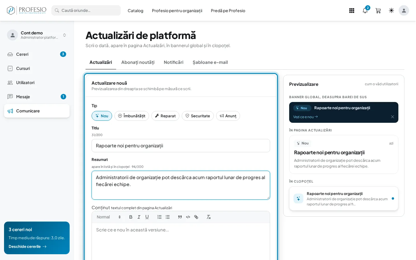 Formularul „Actualizare nouă”, cu tipul, titlul și rezumatul completate