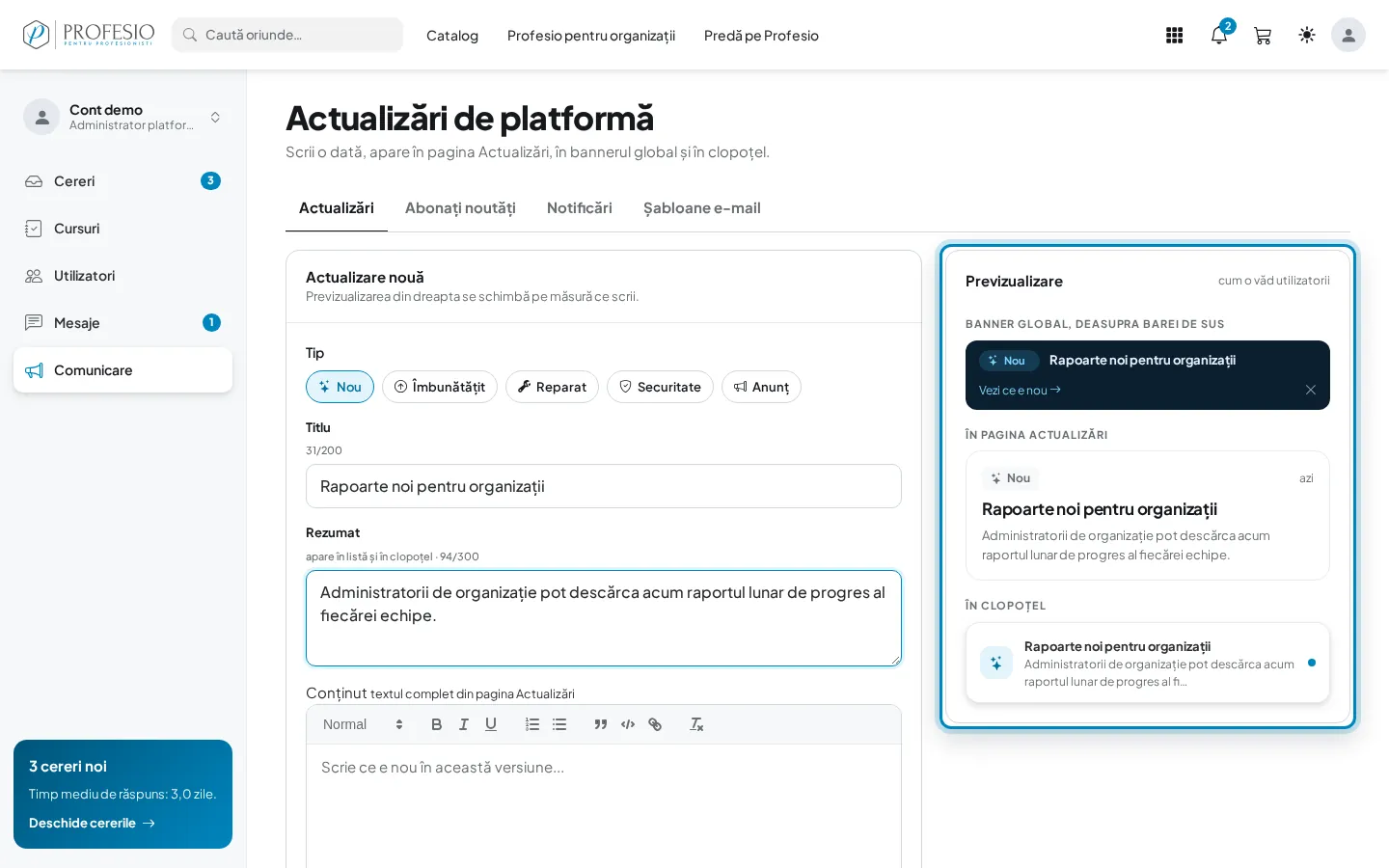 Previzualizarea în bandă, în pagina Actualizări și în clopoțel