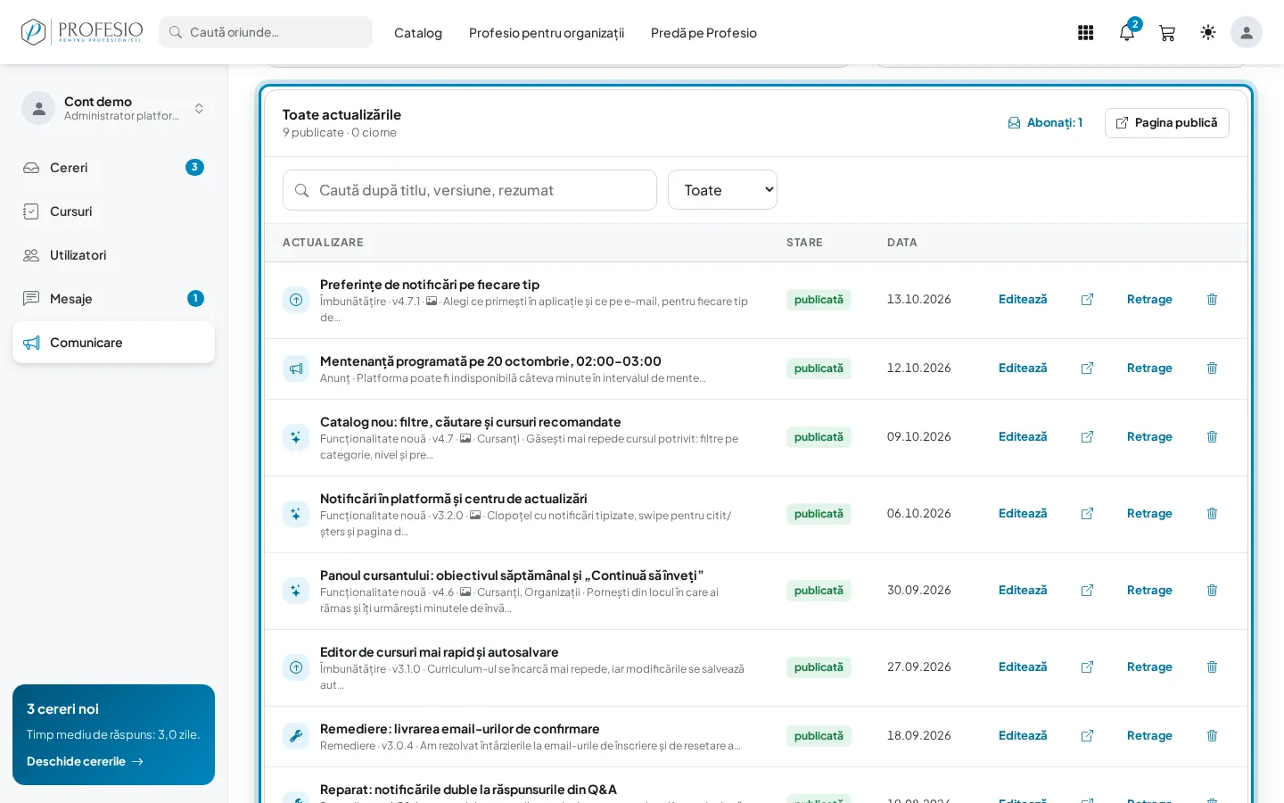 Lista „Toate actualizările”, cu acțiunile de pe fiecare rând