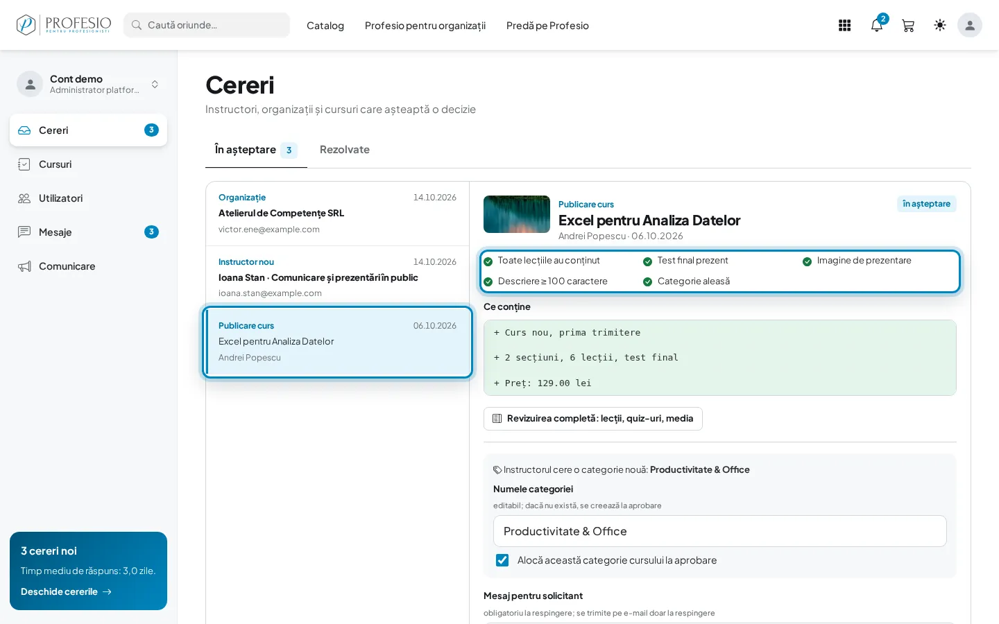 Cererea de publicare selectată, cu lista de verificare