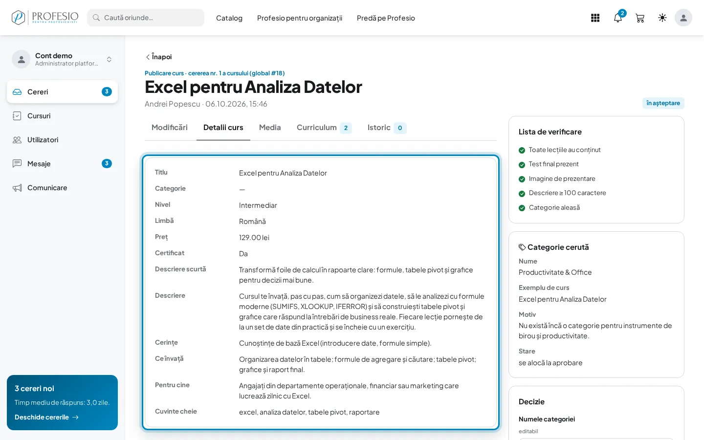 Fila „Detalii curs”, cu informațiile completate de instructor