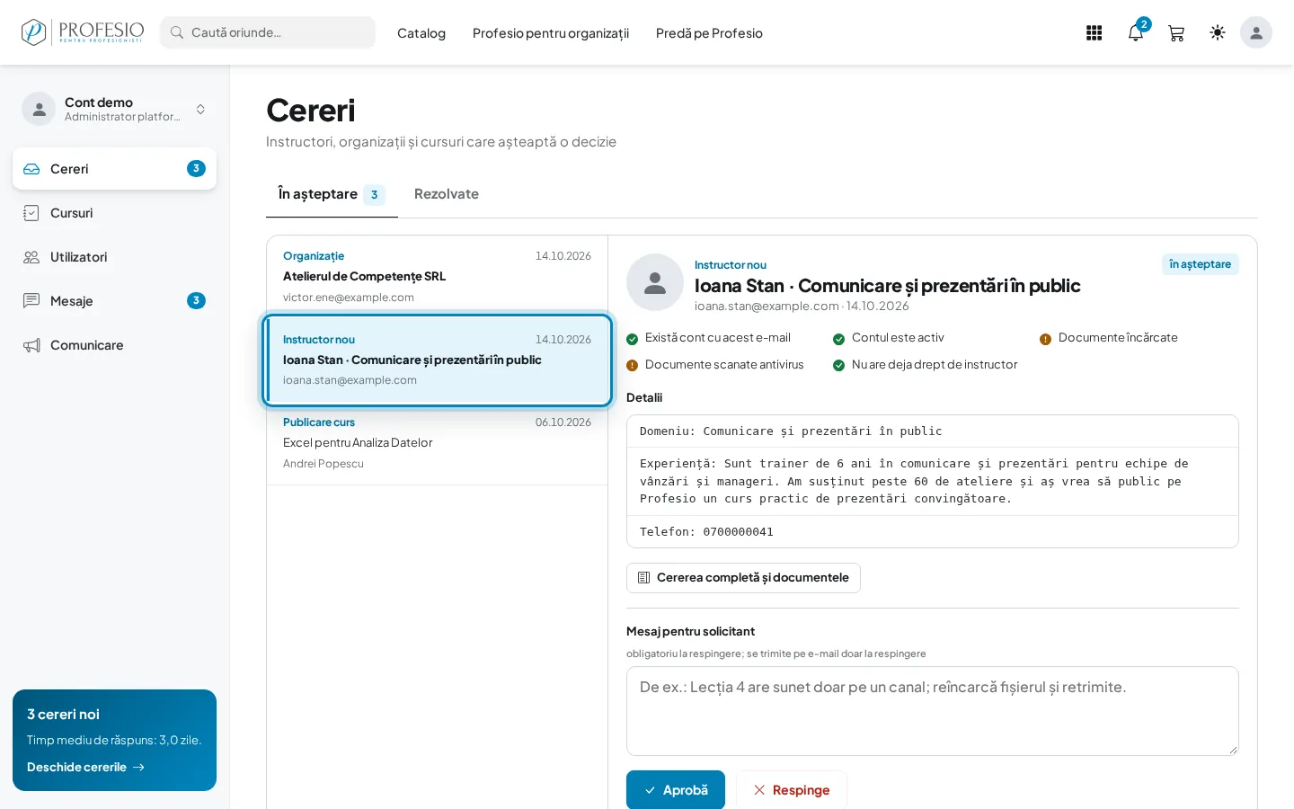Cererea de instructor selectată în lista „În așteptare”
