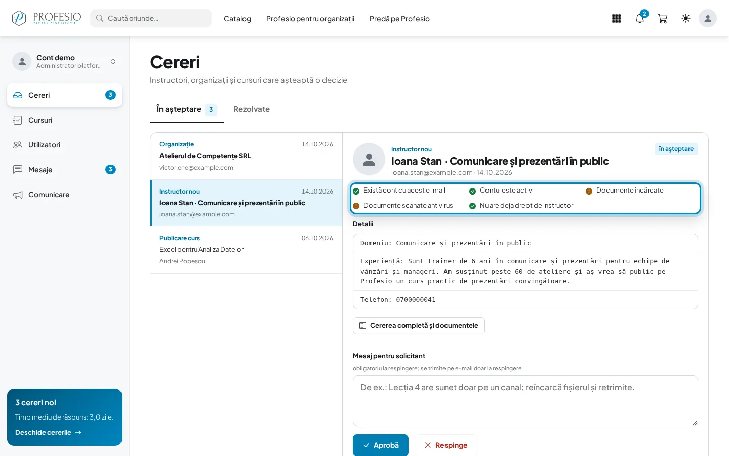 Lista de verificare a cererii, cu două puncte de verificat