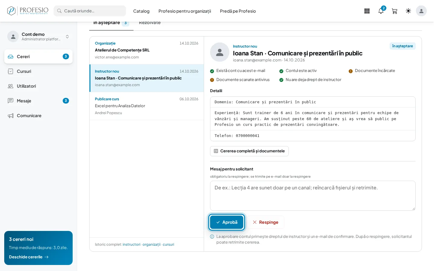 Butonul „Aprobă” din cererea deschisă