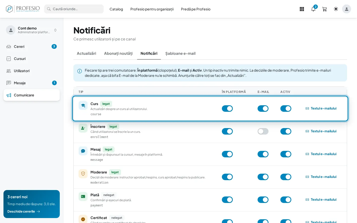 Tipurile de notificări, cu cele trei comutatoare pe fiecare rând