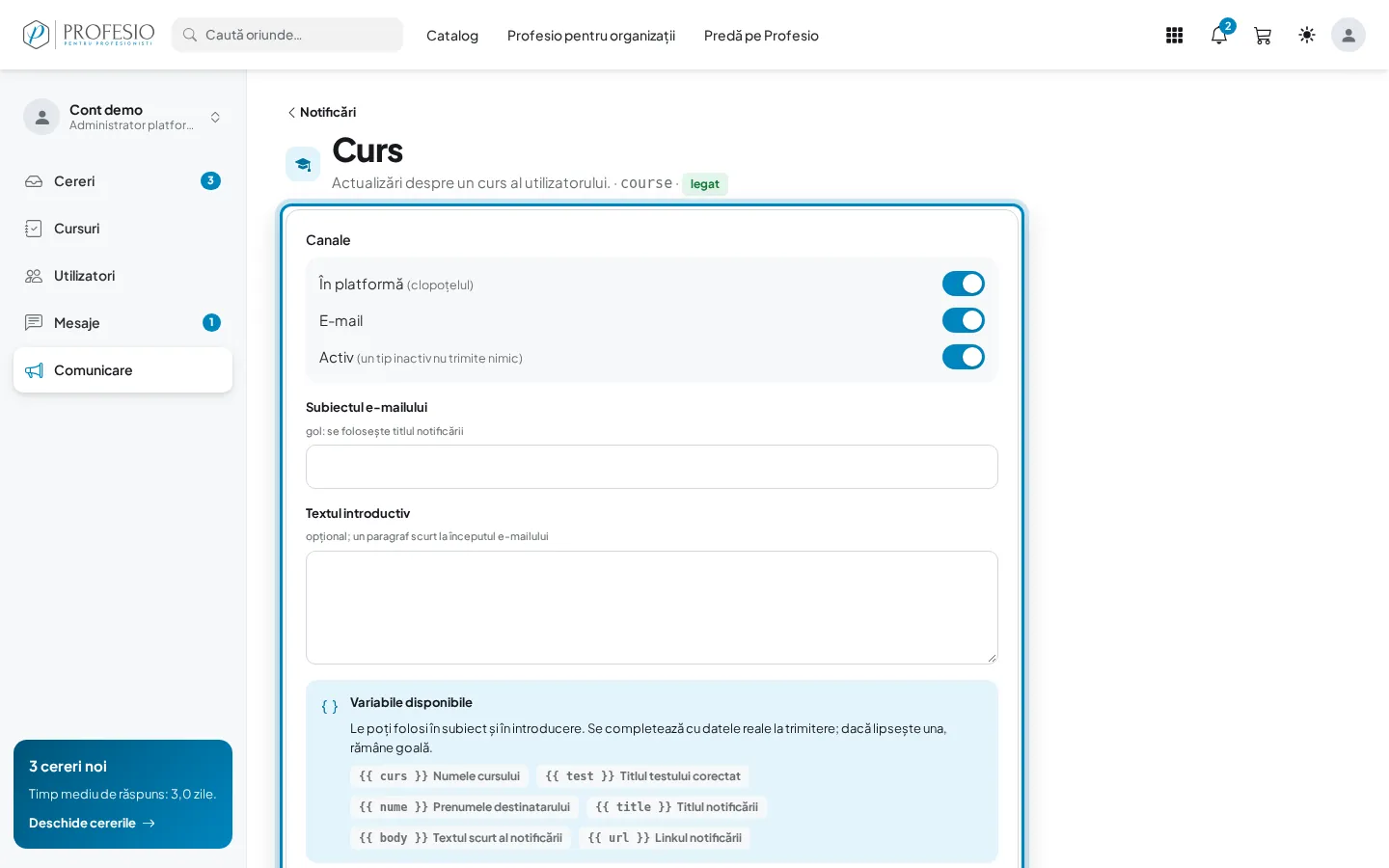Pagina unui tip de notificare, cu canalele, subiectul și variabilele