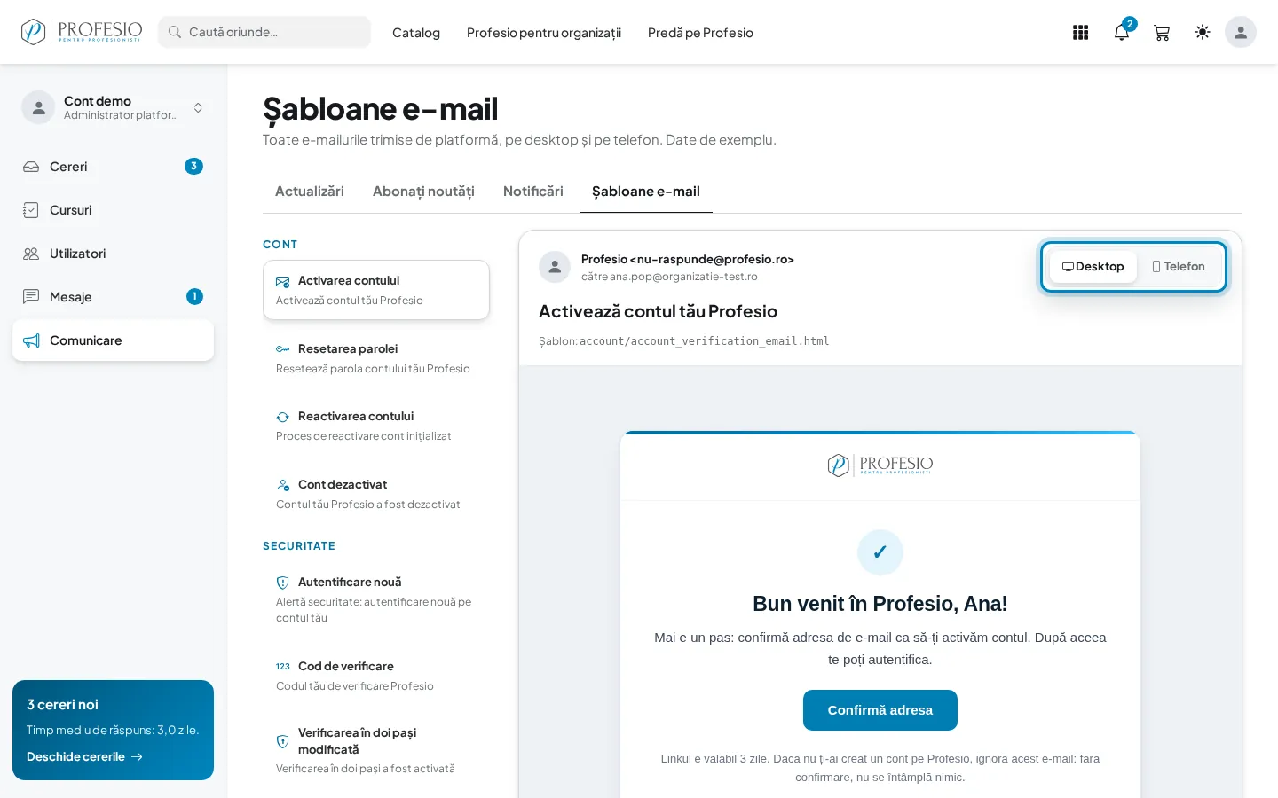 Galeria de șabloane, cu comutatorul Desktop / Telefon