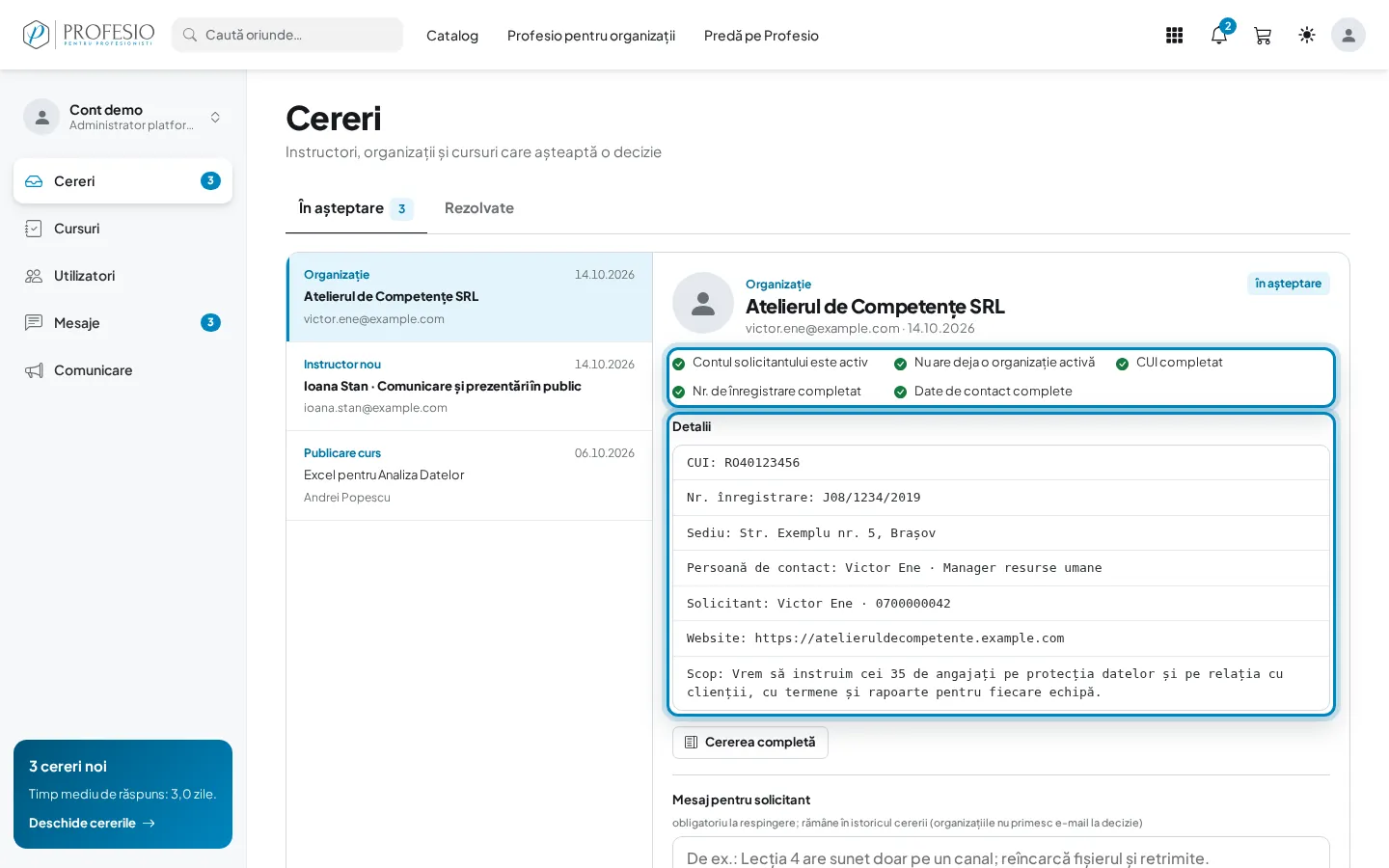 Verificările automate și detaliile cererii de organizație