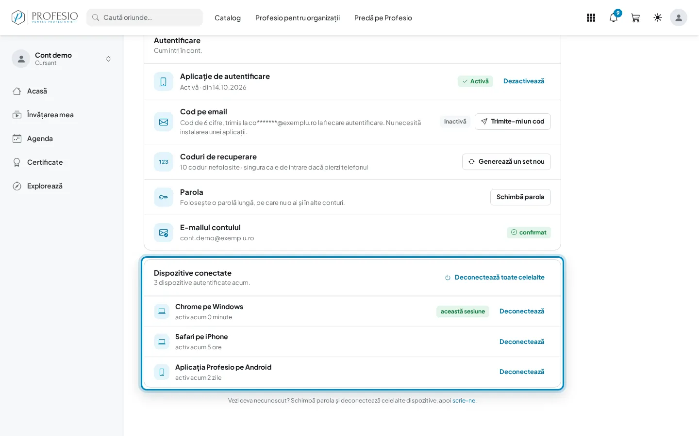 Lista „Dispozitive conectate”, cu sesiunea curentă marcată