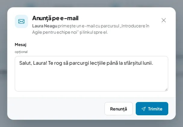 Fereastra „Anunță pe e-mail”, cu un mesaj personal