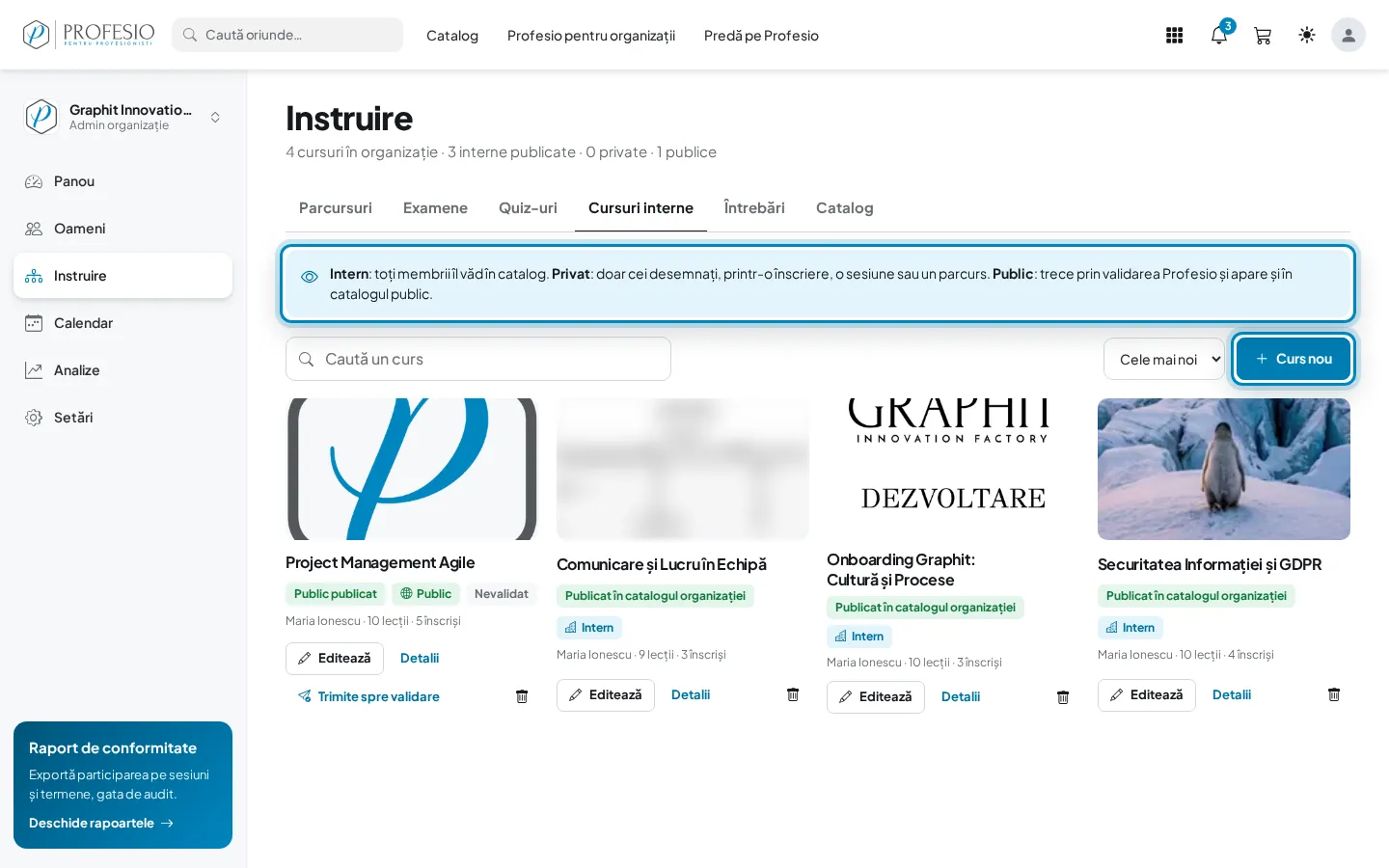 Lista cursurilor interne, cu explicația vizibilității