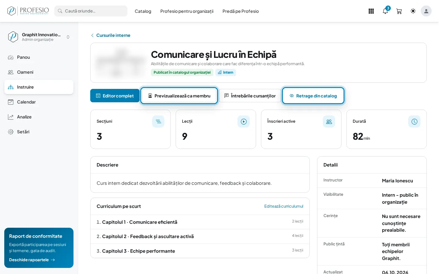 Detaliile unui curs intern, cu previzualizarea și retragerea din catalog