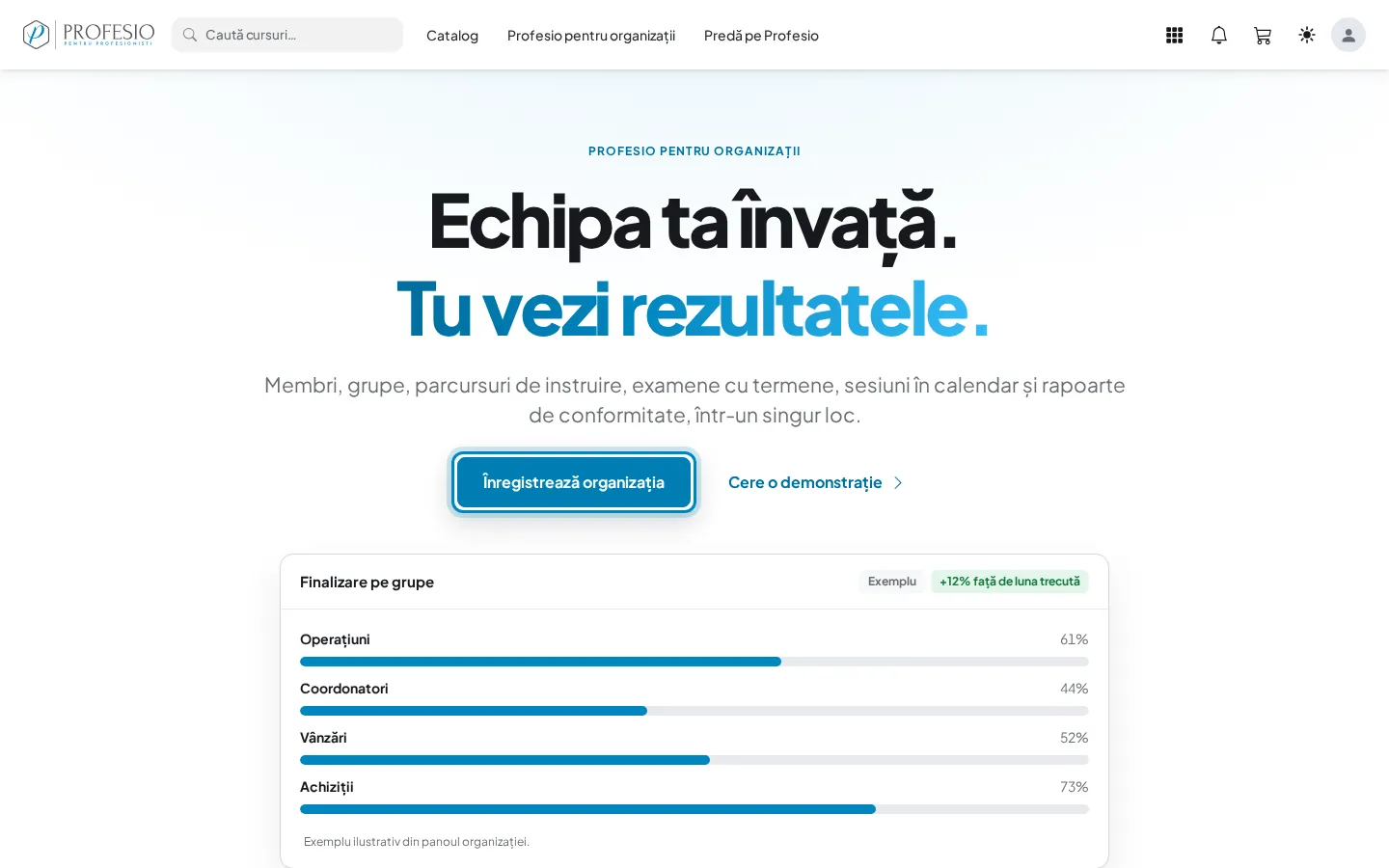 Pagina „Profesio pentru organizații”, cu butonul „Înregistrează organizația”