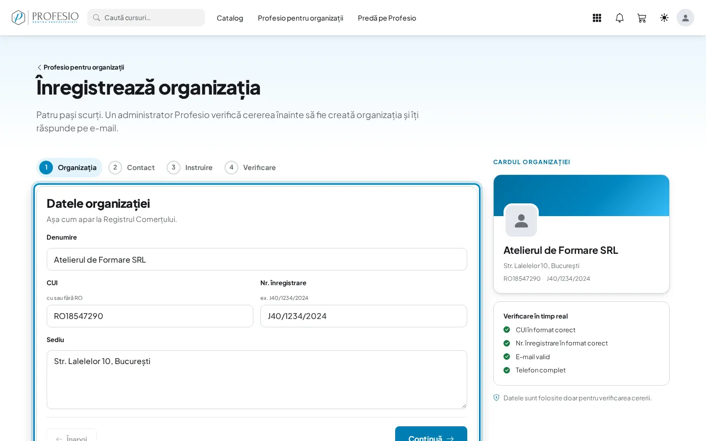 Primul pas: datele organizației și cardul din dreapta