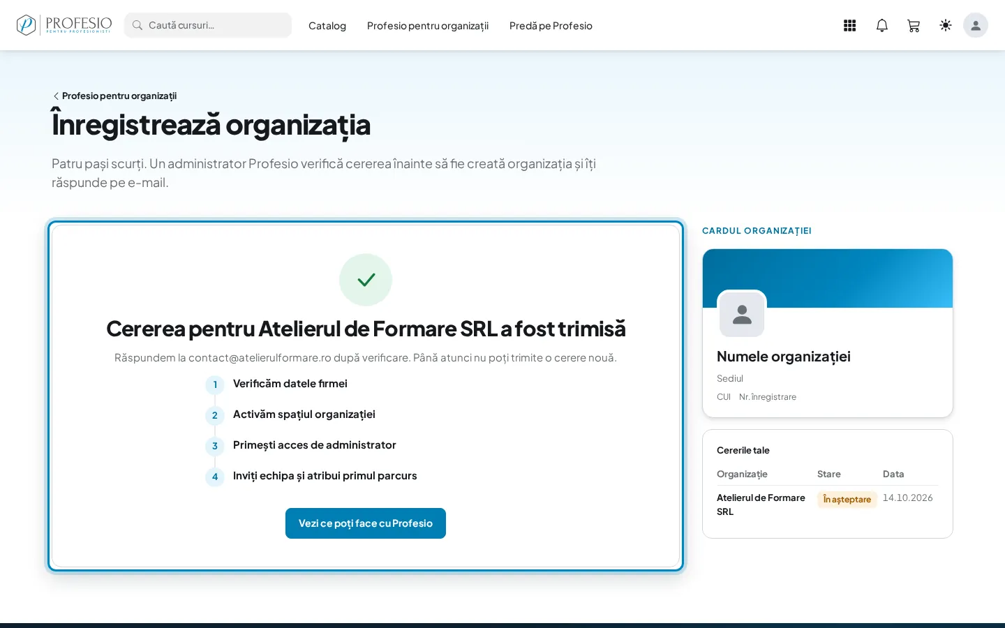 Confirmarea cererii, cu starea „În așteptare”
