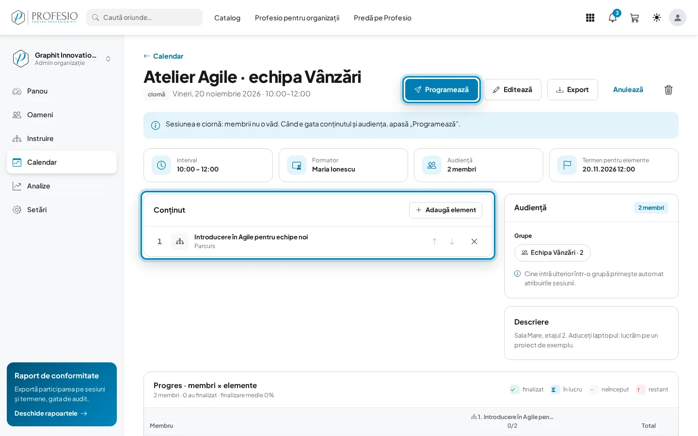 Conținutul sesiunii și butonul „Programează”