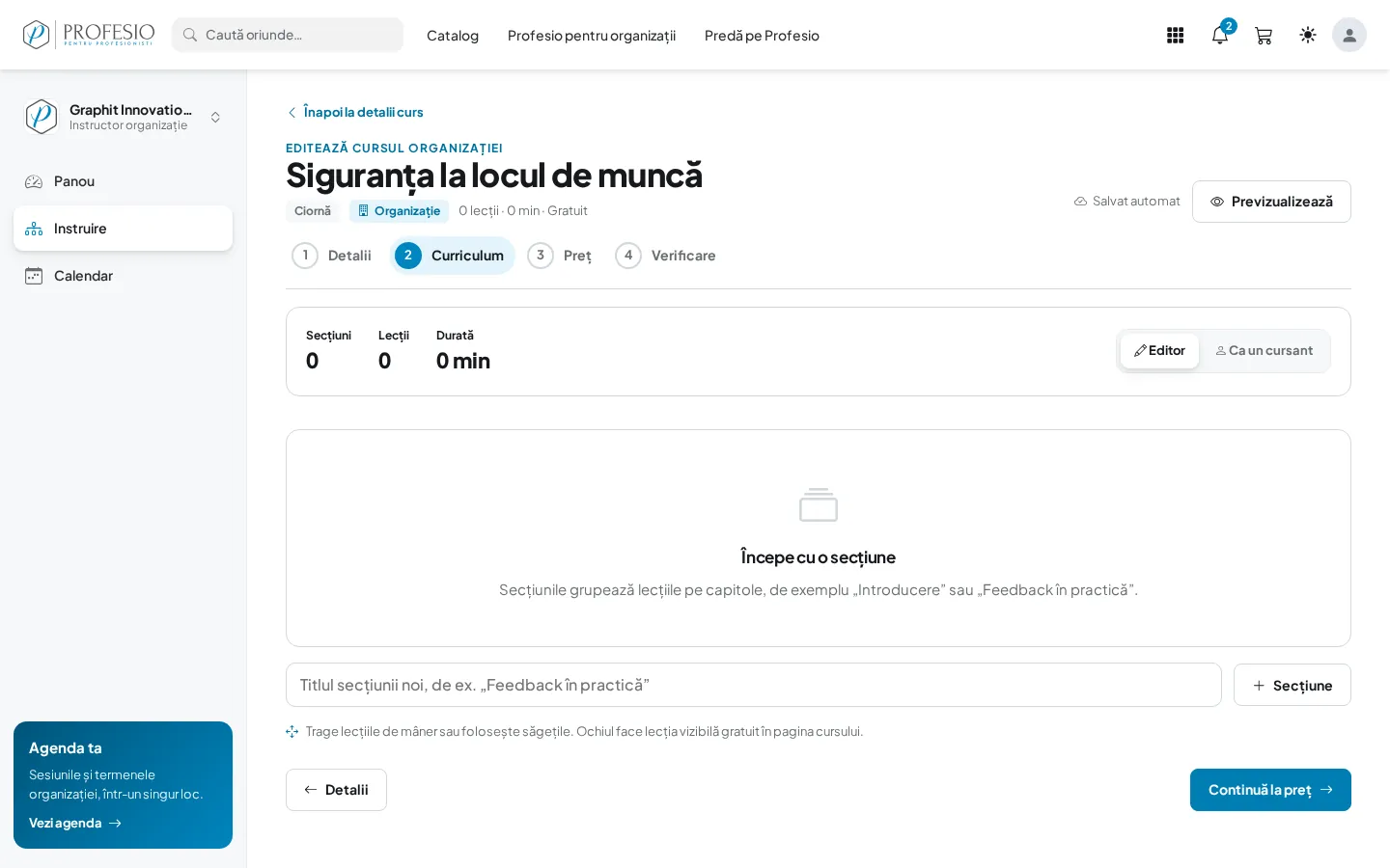 Pasul „Curriculum”, înainte de prima secțiune
