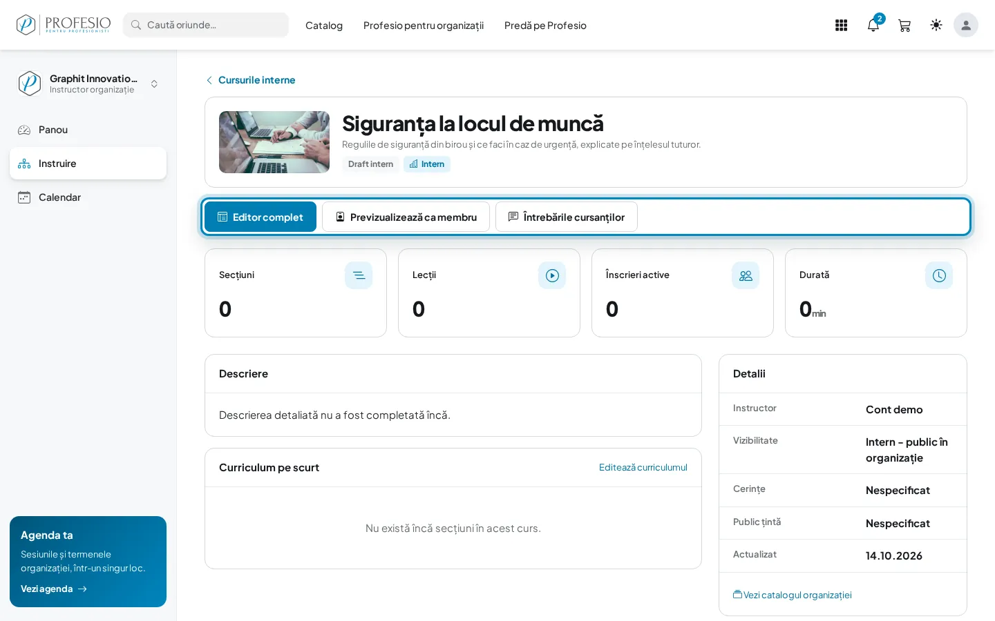 Pagina cursului, cu butoanele de editare și previzualizare