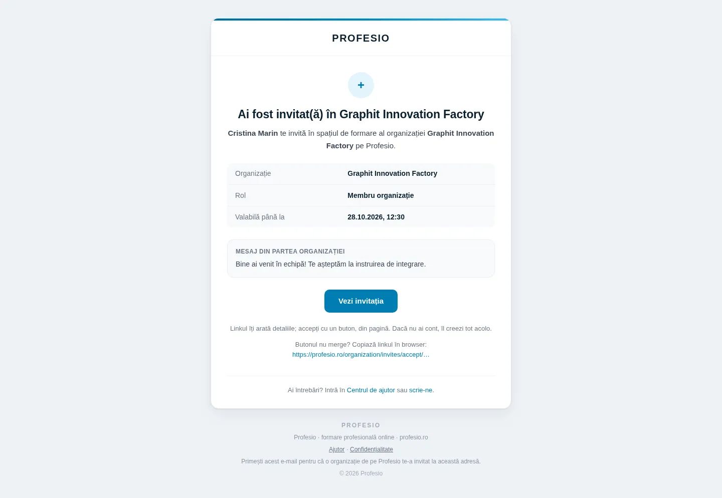 E-mailul de invitație, cu butonul „Vezi invitația”