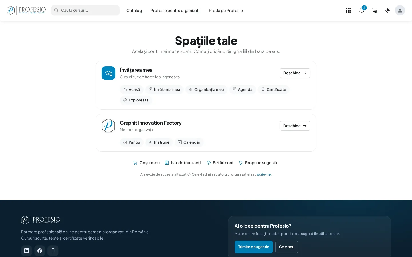 Pagina „Spațiile tale”, cu spațiul personal și organizația
