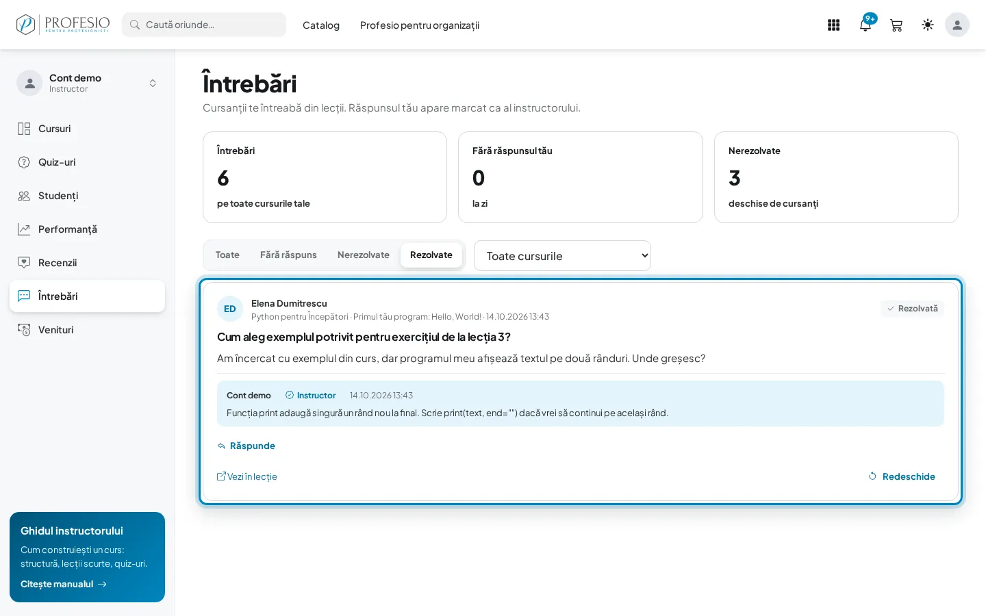 O întrebare rezolvată, cu răspunsul instructorului