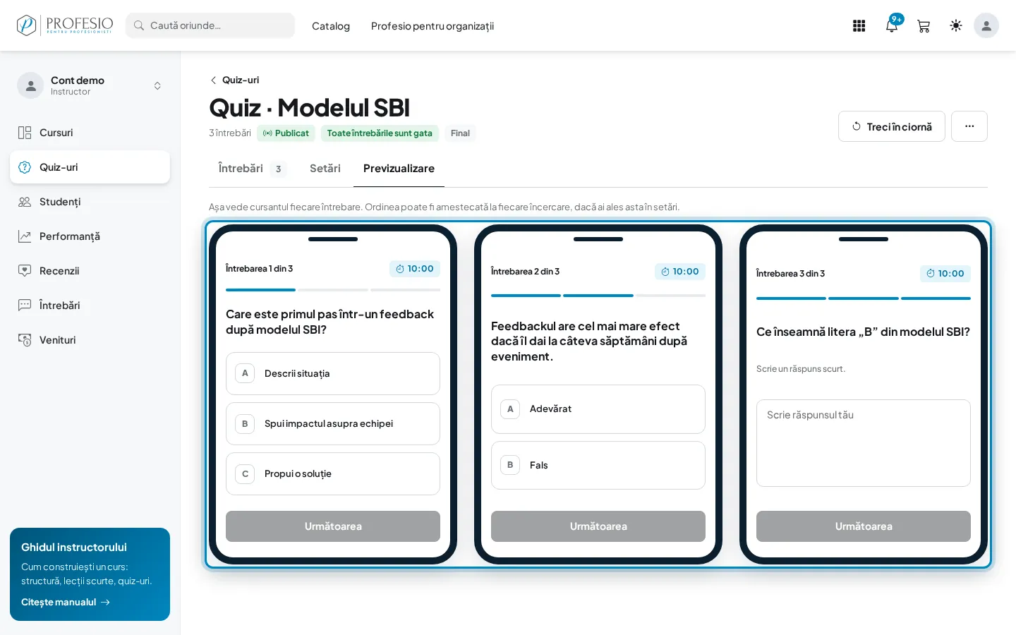 Fila „Previzualizare”, cu întrebările pe telefon