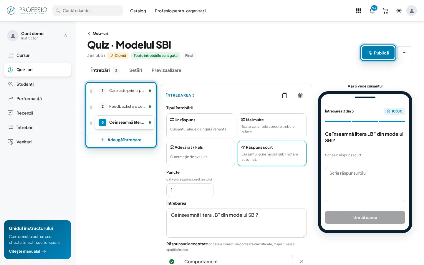 Lista întrebărilor și butonul „Publică”