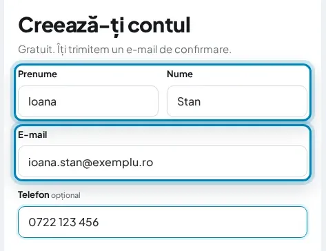 Formularul „Creează-ți contul”, cu prenumele, numele și e-mailul completate