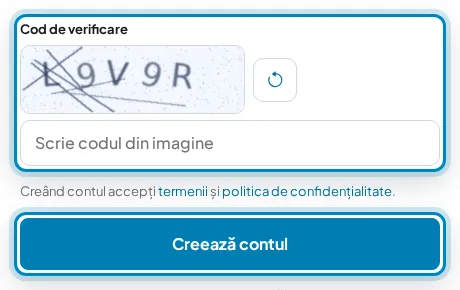 Codul de verificare și butonul „Creează contul”