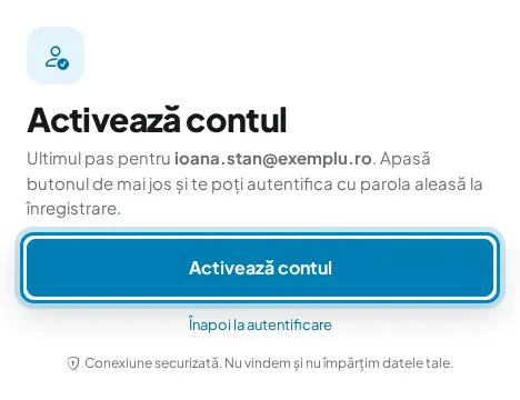 Pagina „Activează contul”, deschisă din linkul primit pe e-mail
