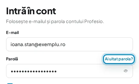 Linkul „Ai uitat parola?” din formularul de autentificare