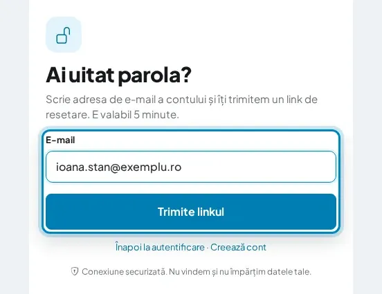 Pagina „Ai uitat parola?”, cu adresa de e-mail și butonul „Trimite linkul”